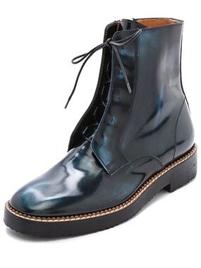 Maison Martin Margiela Blue Leather Combat Boots Shoes Lace Up Marbled Edgy Moto